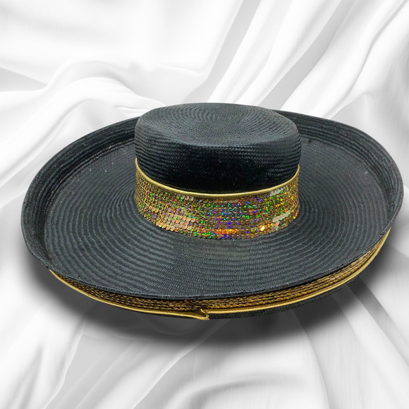 Vintage 1980\'s Sonni SF Black Gold Wide Brim Woven Hat Sequin Jewel Statement main image 9